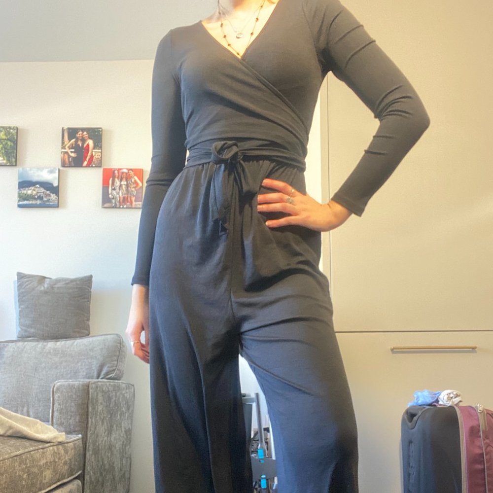Long Sleeve Black Wrap Tie Jumpsuit Small